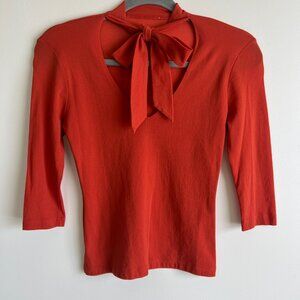 Vintage Sheer Orange Mid-Sleeve Tie Neck Blouse